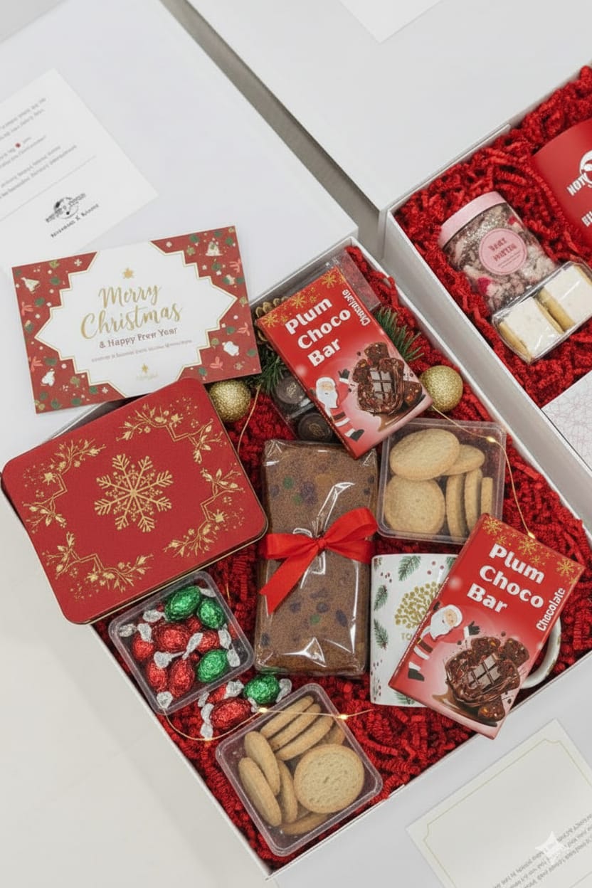 Assorted holiday treats including cookies, chocolates, and a plum chocolate bar in a decorative box.